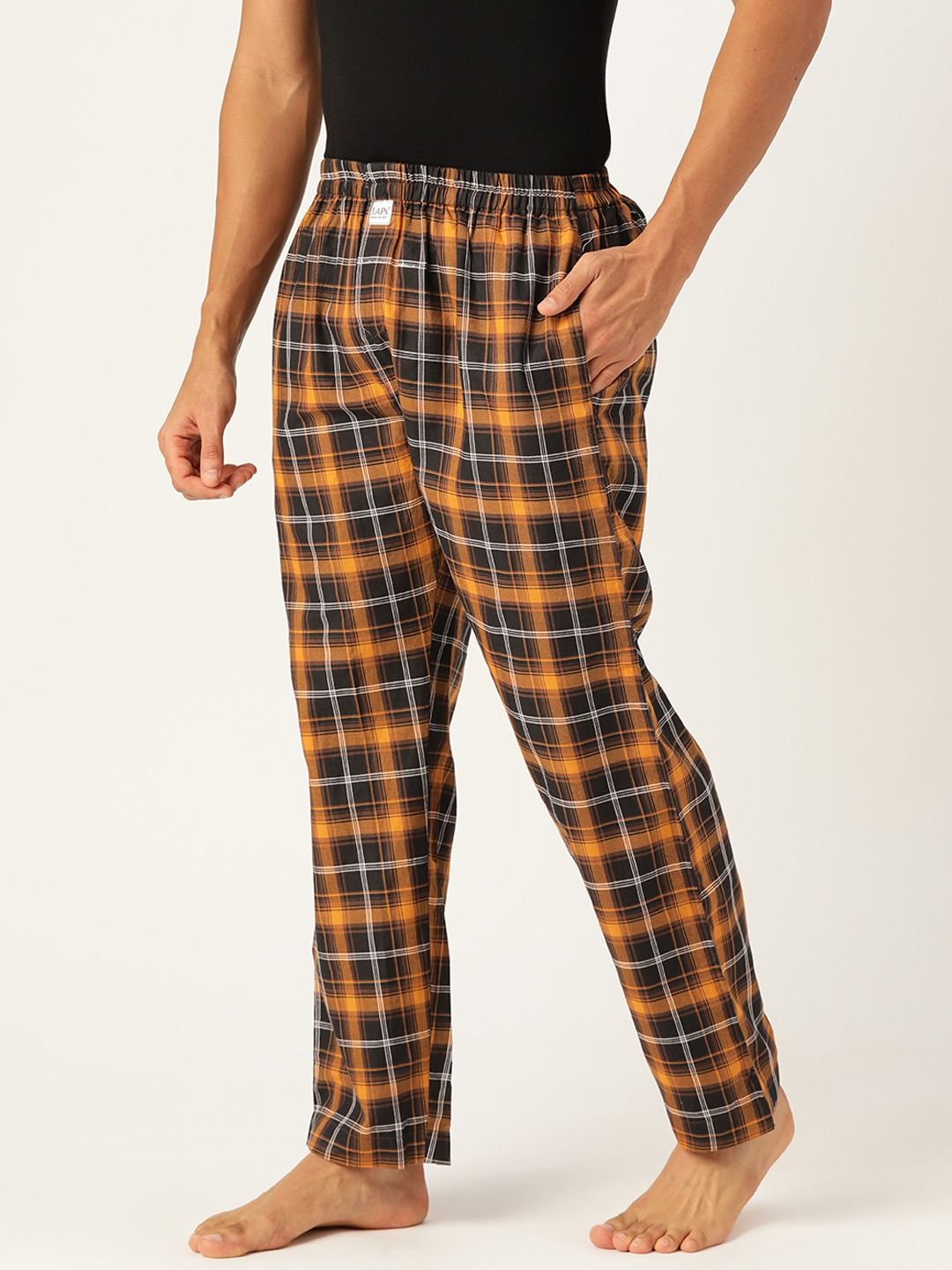 uNidraa  Beige Black Checked Printed Cotton Lounge Pants For Men