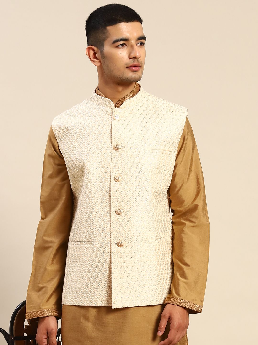 Beige Cream Silk Ethnic Jacket for Men | Buy Sequin Embellished ...