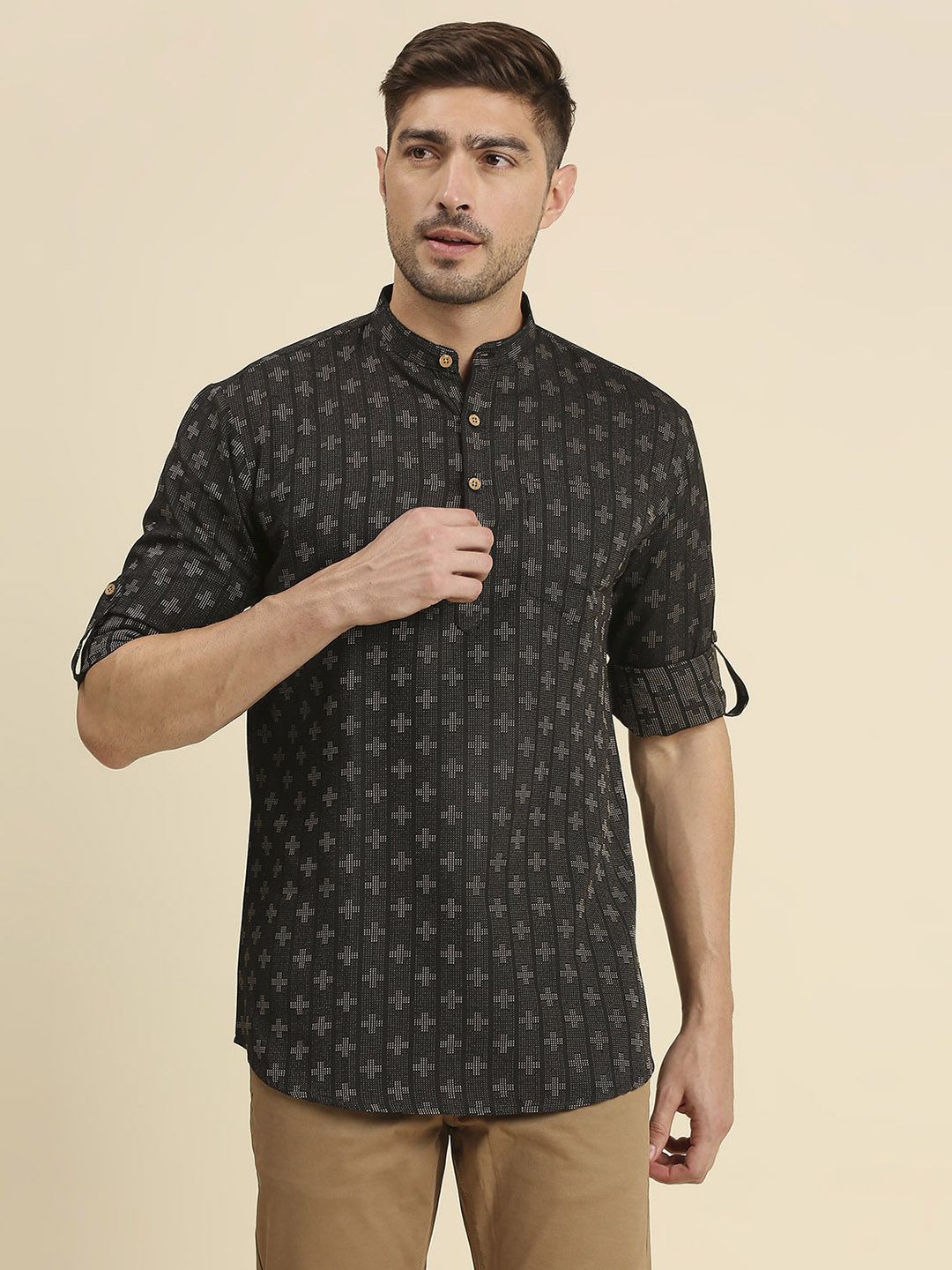 Abstract Black Full Sleeve Cotton Short Kurta for Men Online In India ...
