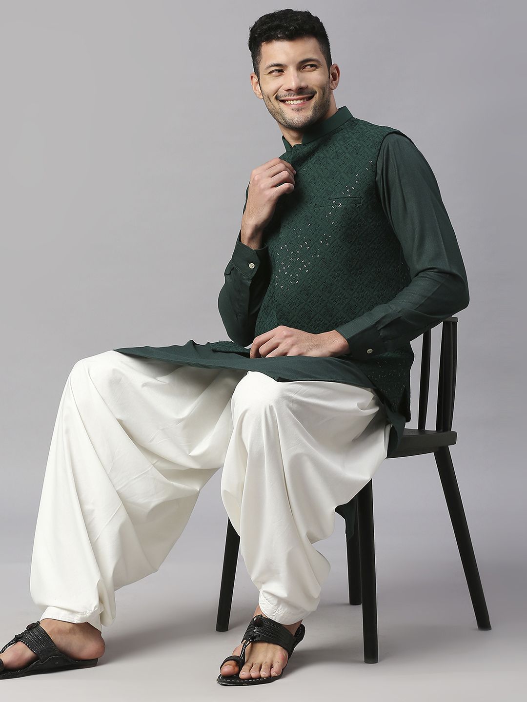 Green Banarasi Silk Jacket with Kurta And Pajama for men online India ...