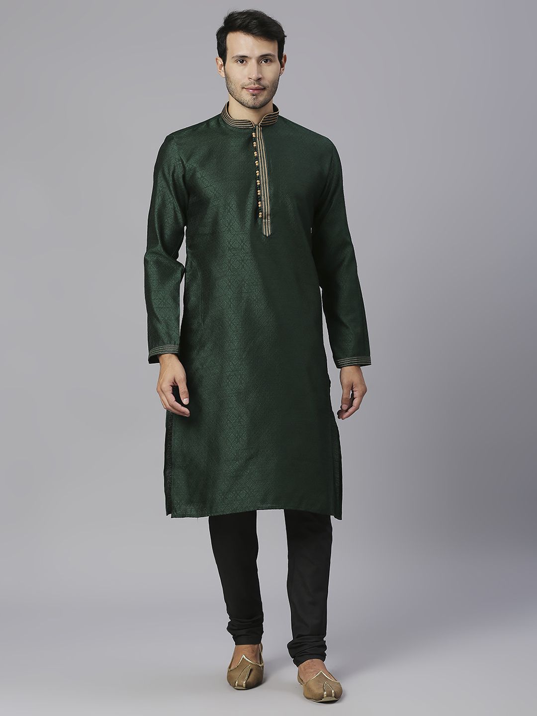 Bottle Green Silk Jacquard Print Ethnic Motifs Kurta Set for men online ...
