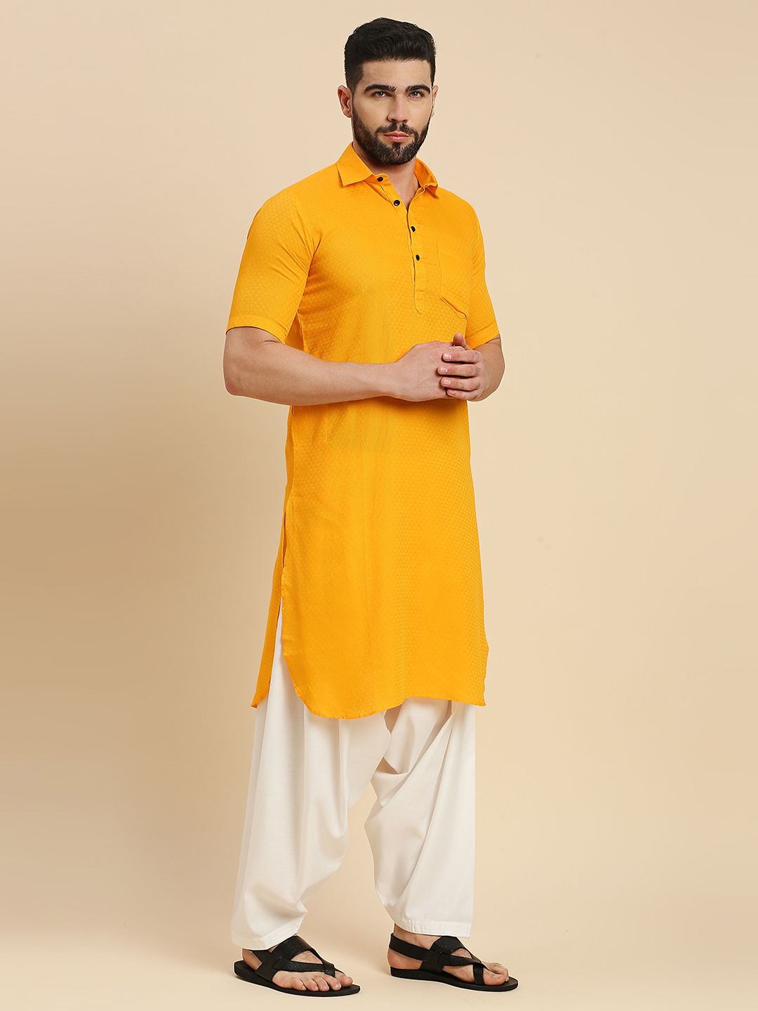 Yellow Half-Sleeves Pathani Style Premium Cotton Kurta for Men Online ...