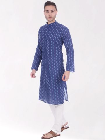 Blue Woven Design Handloom Cotton Kurta