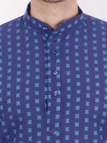 Blue Woven Design Handloom Cotton Kurta