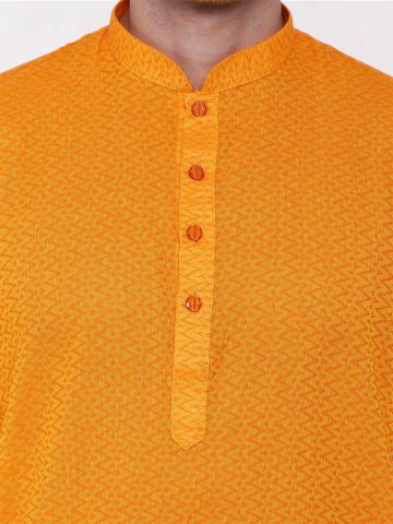 Yellow Woven Design Handloom Cotton Kurta