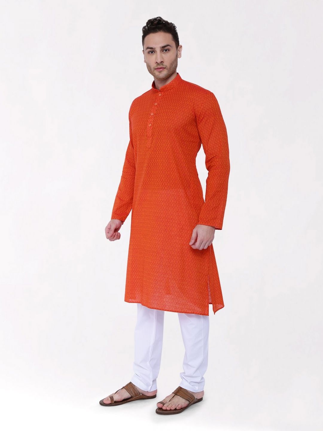 Orange Woven Design Handloom Cotton Kurta