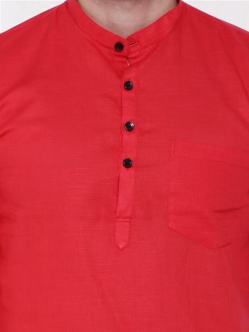 Red Roll Up Sleeve Linen Short Kurta