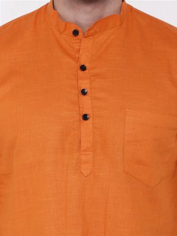 Orange Roll Up Sleeve Linen Short Kurta