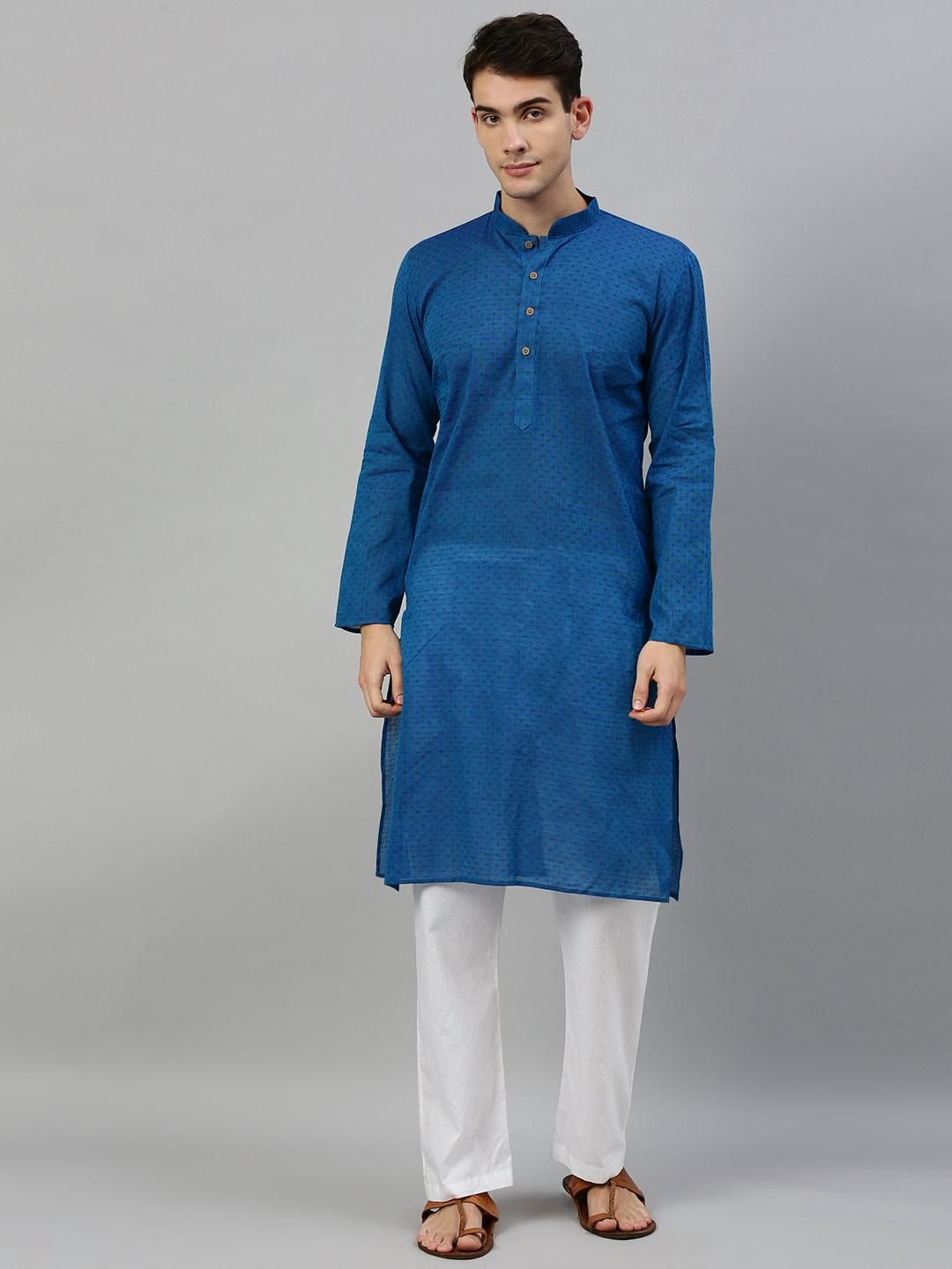 Blue Slim Fit Woven Design Handloom Dobby Cotton Kurta for Men Online ...