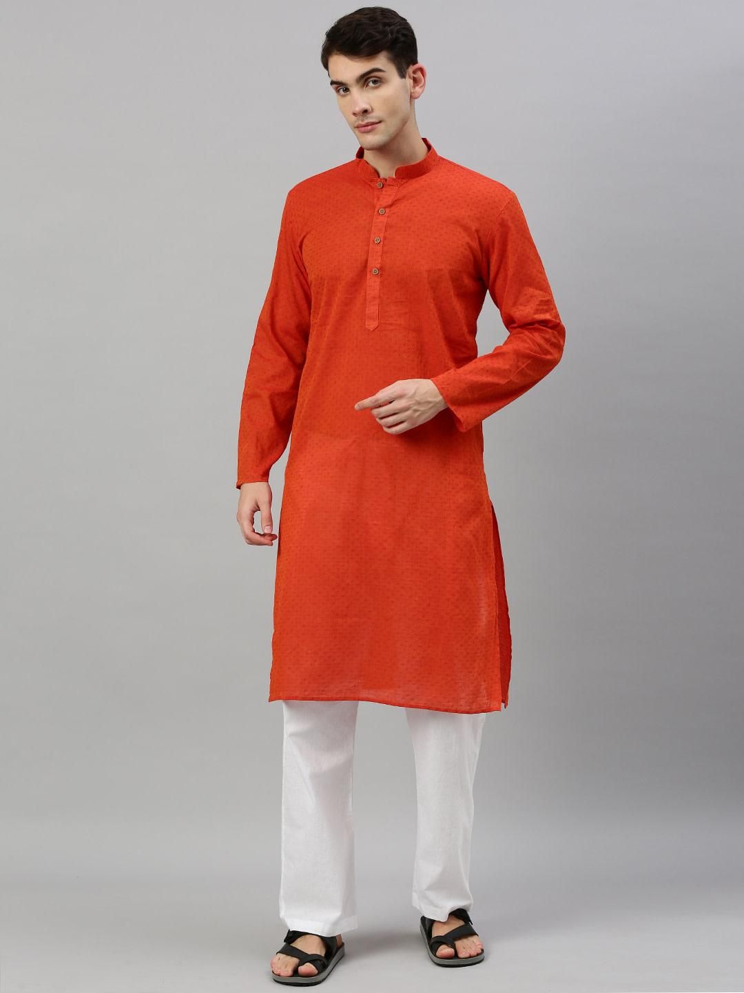 Orange Slim Fit Woven Design Handloom Dobby Cotton Kurta for Men Online ...