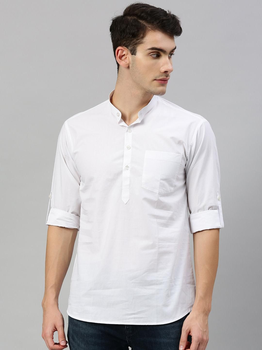 Buy White Roll Up Sleeve Cotton Short Kurta for men online in India ...