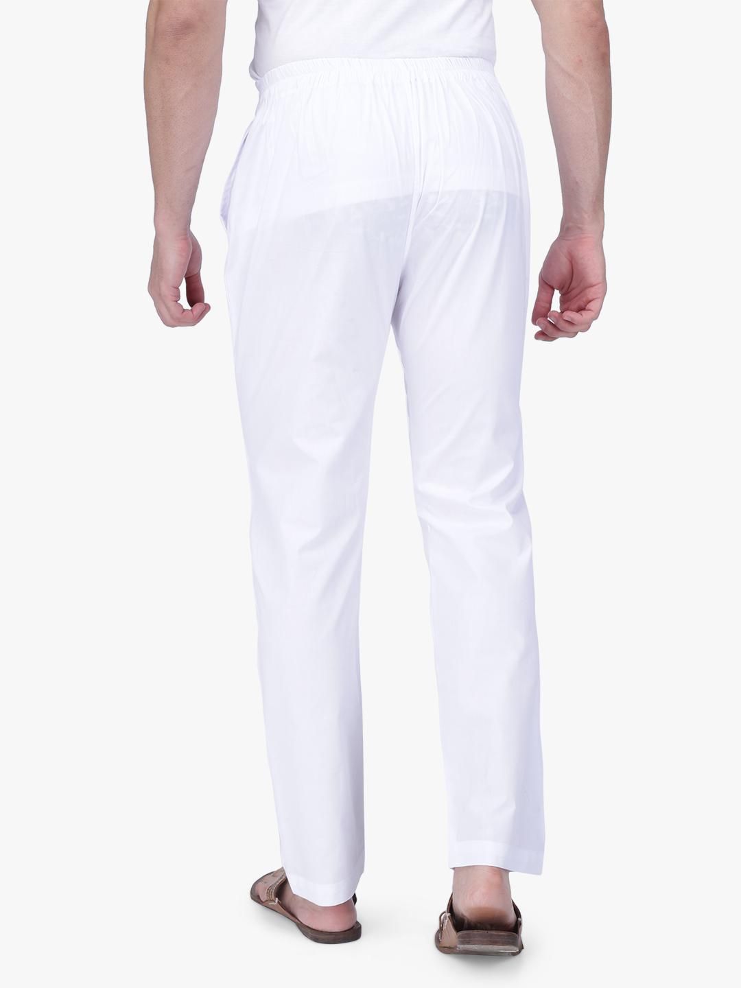 White Cotton Narrow Cut Elastic Pyjama (Zip Fly)