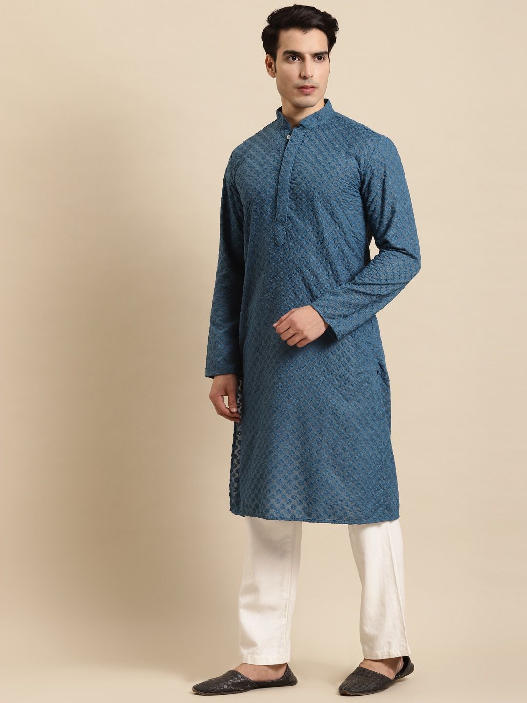 Men Navy Blue Chikankari Embroidered and Sequence Kurta with Churidar –  Jompers