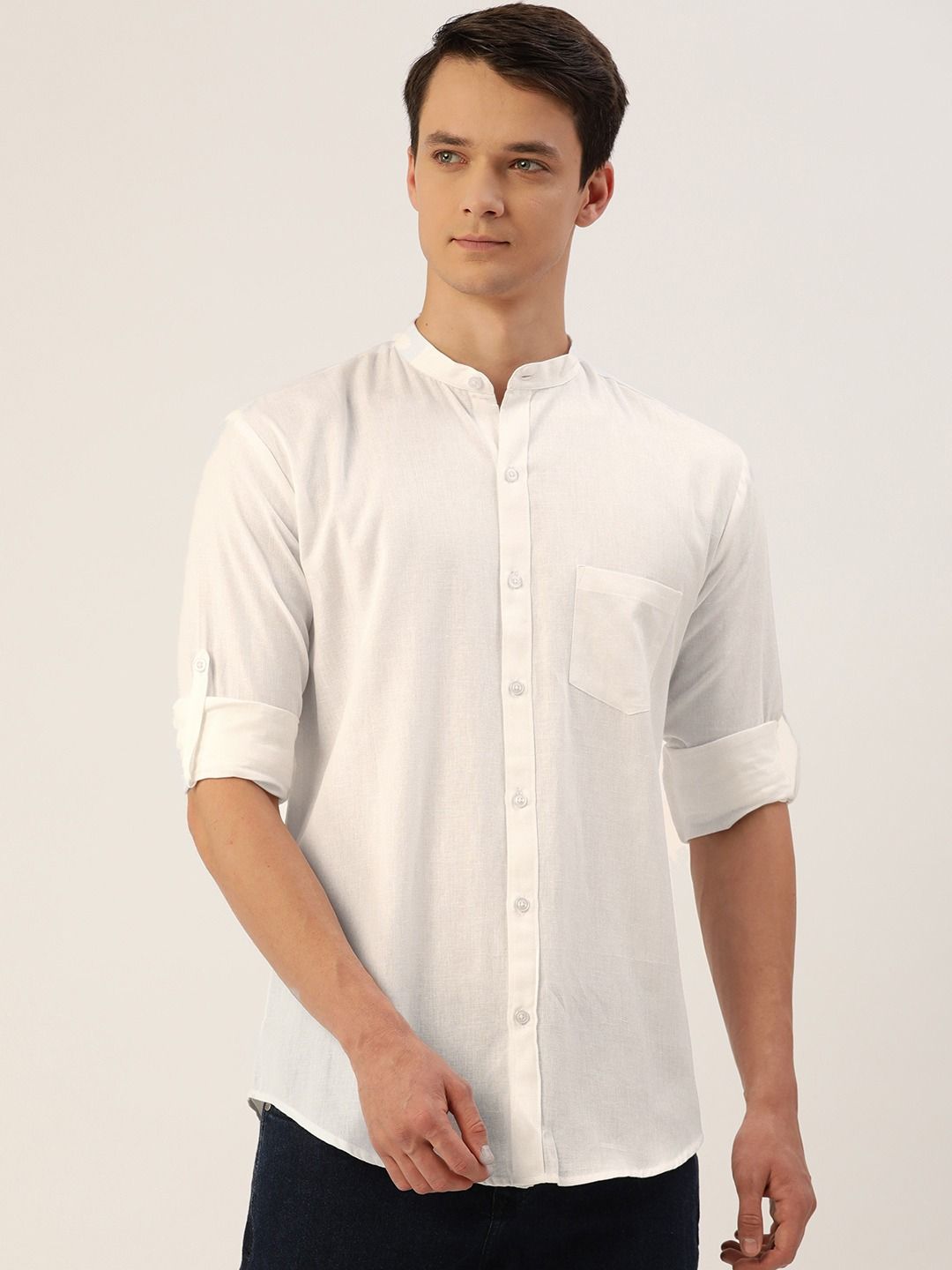 Sojanya (Since 1958), Mens Cotton Blend White Chinese Collar Shirt ...