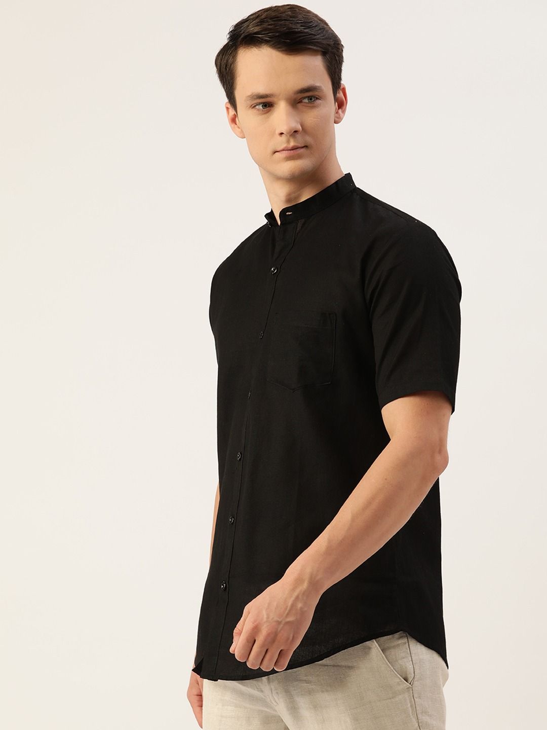 Buy Cream Linen Mandarin Collar Half Sleeves Shirt For Men Online In ...