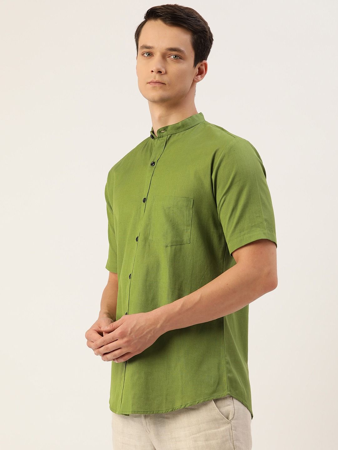 Buy Olive Green Mandarin Collar Half Sleeves Shirt For Men Online In India  | Japs Premium Urbanwear Color Green Sizeshirt M